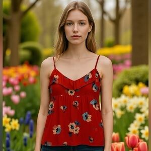American Eagle Red Floral Print Cami With Ruffle Details